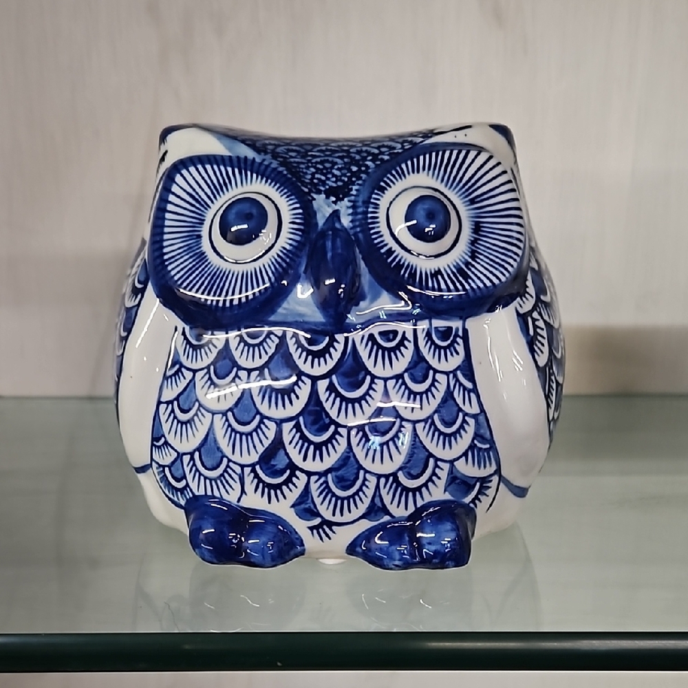 Blue and White Ceramic Owl Figurine